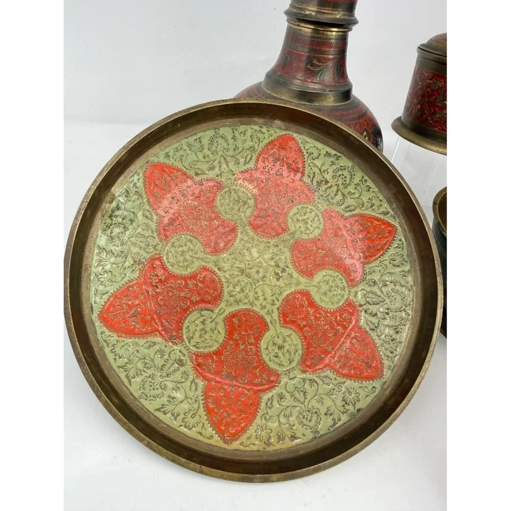 Middle Eastern Style Brass Enamelware Collection — 3 Pieces — Floral & Geometric